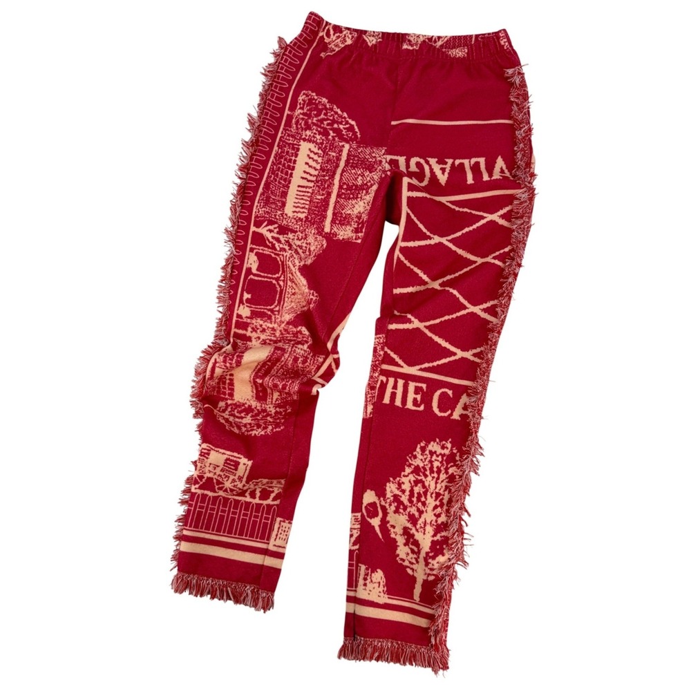 Boho Tapestry Fringe‎ Pants Red Cream Festival Western Cowgirl Statement Pants
